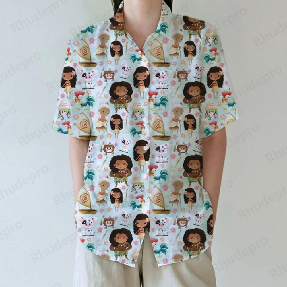 Blusas de manga corta informales con dibujos de Moana y Maui de Disney para mujer, camisa hawaiana para vacaciones y playa, camisa hawaiana elegante para mujer