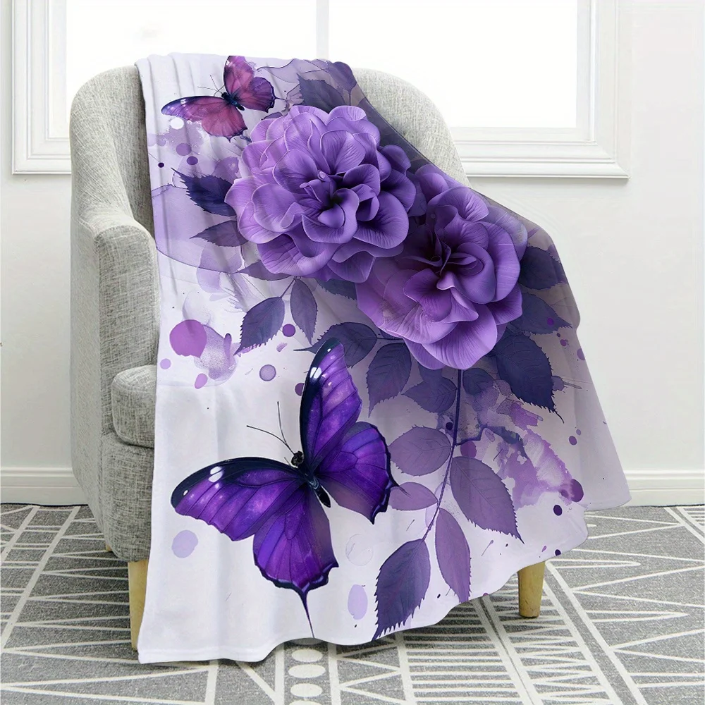 

Purple Rose and Butterfly Fleece Throw Blanket - Digital Print, Contemporary Style, Machine Washable, Suitable for All Seasons