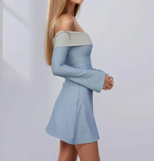 Vestido clássico elegante com cor bloqueada em camadas no peito enrolado em manga comprida slim fit para mulheres, vestido elegante com um pescoço