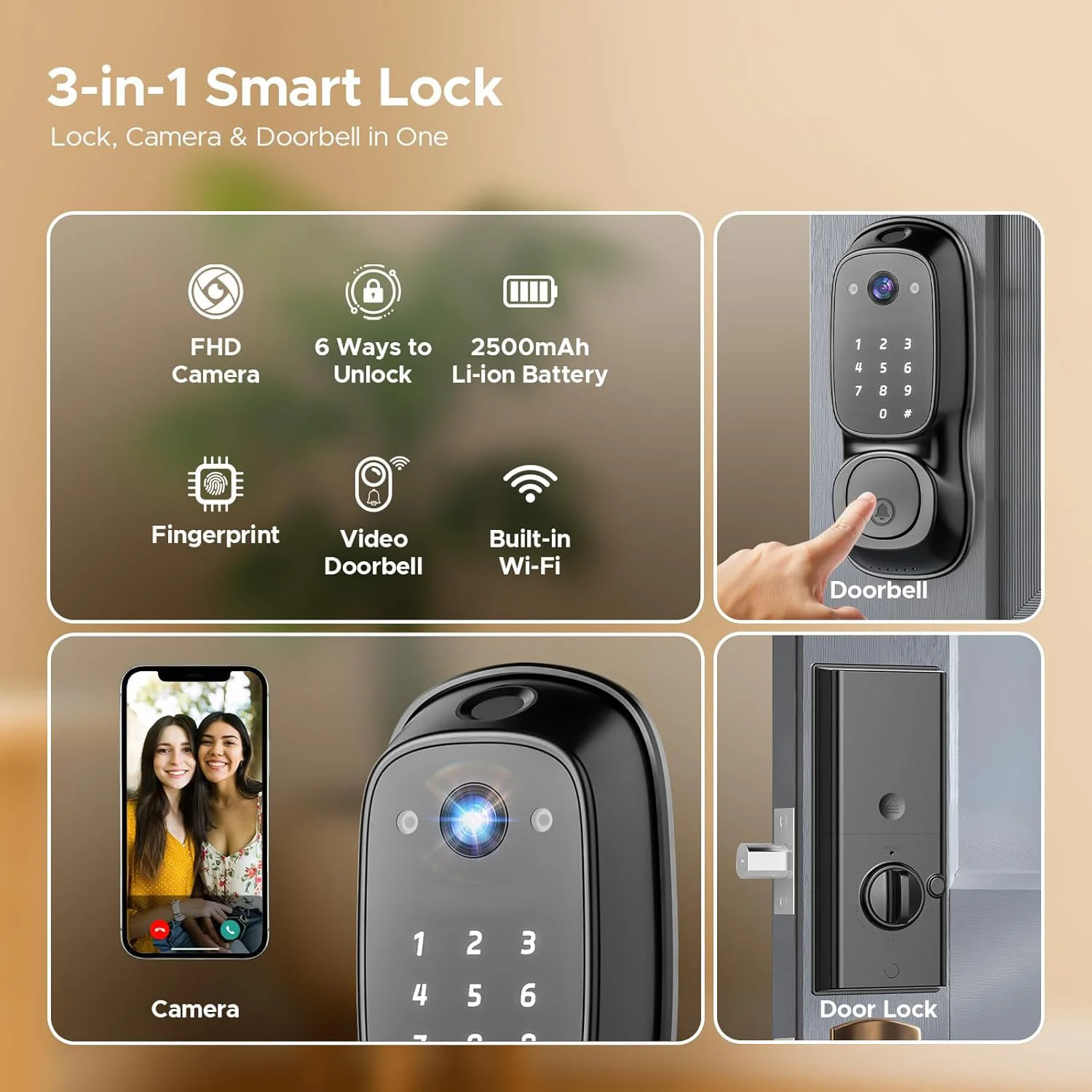 Smart Deadbolt Locks Tuya Wifi Security Smart Fingerprint Digital Lock Camera & Doorbell Phone App Remote Control