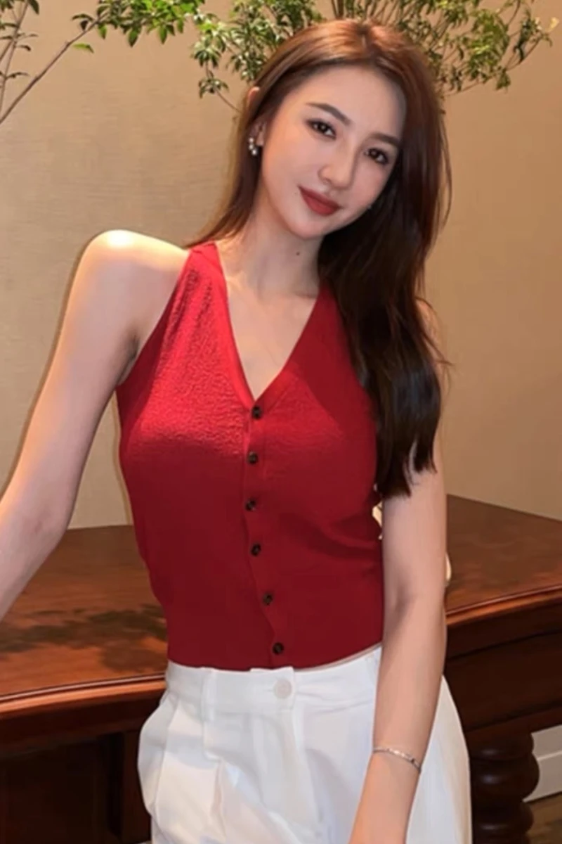 GAODINGLAN Summer Coolness Knited Tops Women Sleeveless V Neck Tanks Solid Color Button Up Cardigan Camis Sexy Crop Tees Ladies