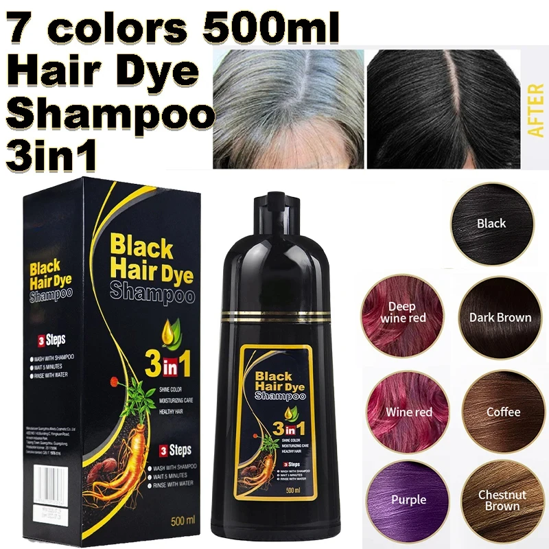 500ml 3 In 1 Instant Colouring Shampoo Natural Black Hair Colour Herbal Brunette Purple Hair Dye Shampoo Men Women 2024 New