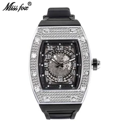 MISSFOX 2024 New Arrival Tonneau Men Watches Iced Out Full Diamond Rubber Strap Watch Hollow Dial Design Luxury Sport Male Clock