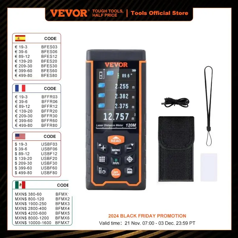 VEVOR Télémètre Laser 121 m Mètre Laser Précision 1,5 mm Stockage de 100 Groupes de Données Unités