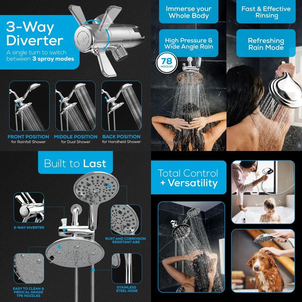 8-inch High-Quality Dual Shower System with Rainfall and Handheld Spray Combo - Easy Install 3-Way Shower with Hose and Holder,
