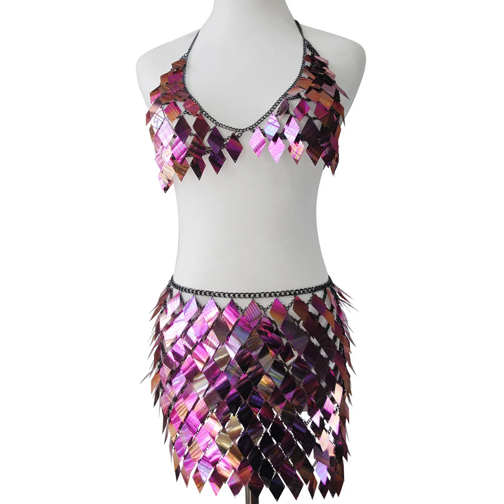 6 Color Sequins Lady Outfits Halter V-Neck Backless Camis Sexy Hollow Out Mini Skirt Summer Fashion Rave Festival Body Chain Set