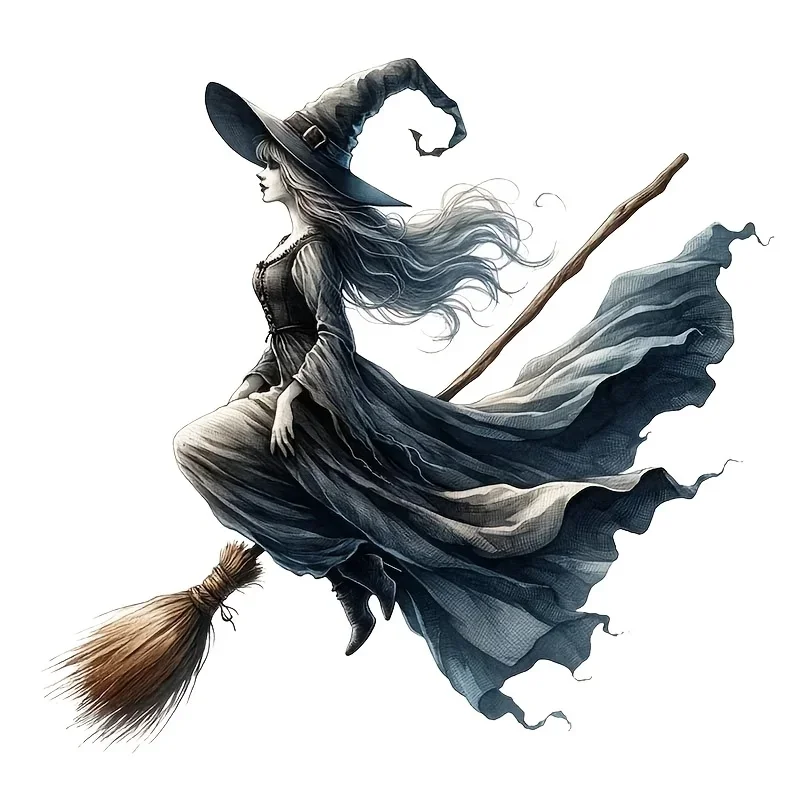 Halloween Witch on Broom Vinyl Sticker, Waterproof Self-Adhesive Decal for Car Window, Motorcycle, Camper Van & Laptop DIY Decor