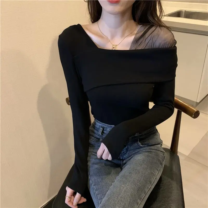 Fashion Patchwork Net Yarn Bottoming Shirt Autumn Winter New Elegant Irregular Solid Color Long Sleeve T-Shirts Odzież damska