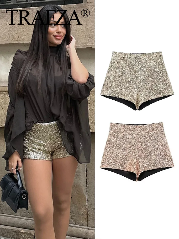 TRAFZA Female Retro 2 Colors Shorts Solid Color Sequined A-Line Mid Waist Slim Concealed Inseam Zip Closure Casual Partywear