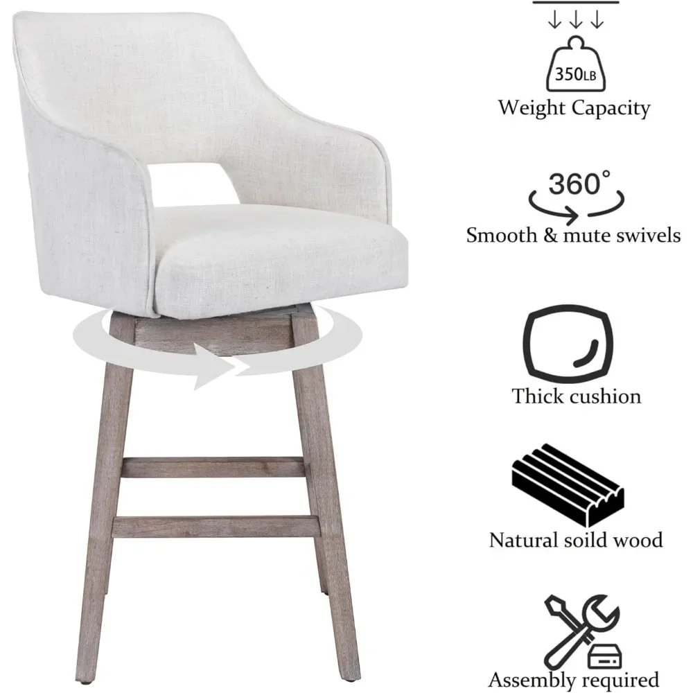 Conjunto de 2 bancos de bar giratórios com altura de balcão de 27 polegadas, cadeira de bar estofada em tecido de linho de 5 polegadas com encosto alto e madeira maciça