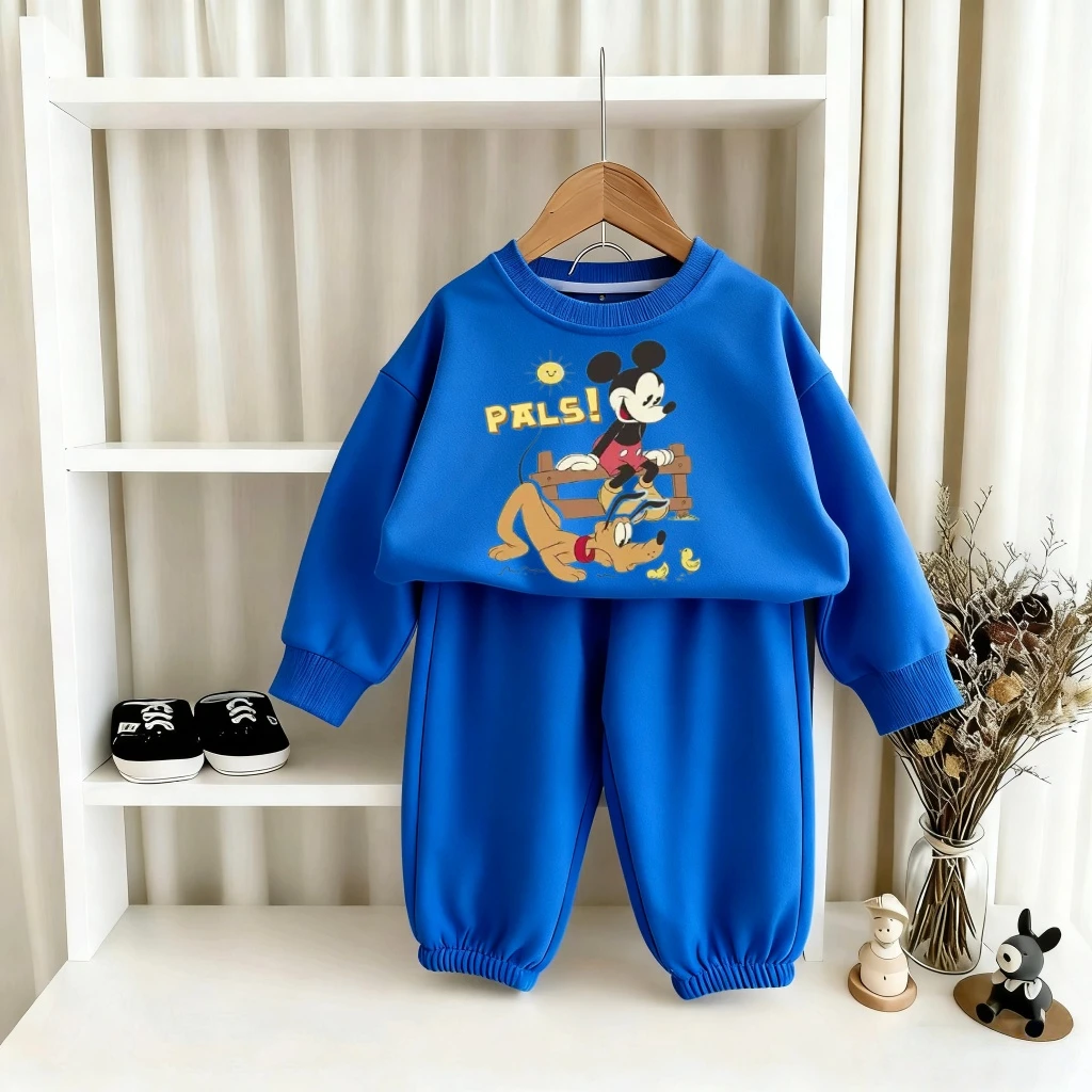 

Синий комплект из двух предметов с Микки Маусом для малышей, несколько стилей, костюм для мальчиков, топы для игр на гитаре для маленьких девочек, вязаный пуловер с героями мультфильмов