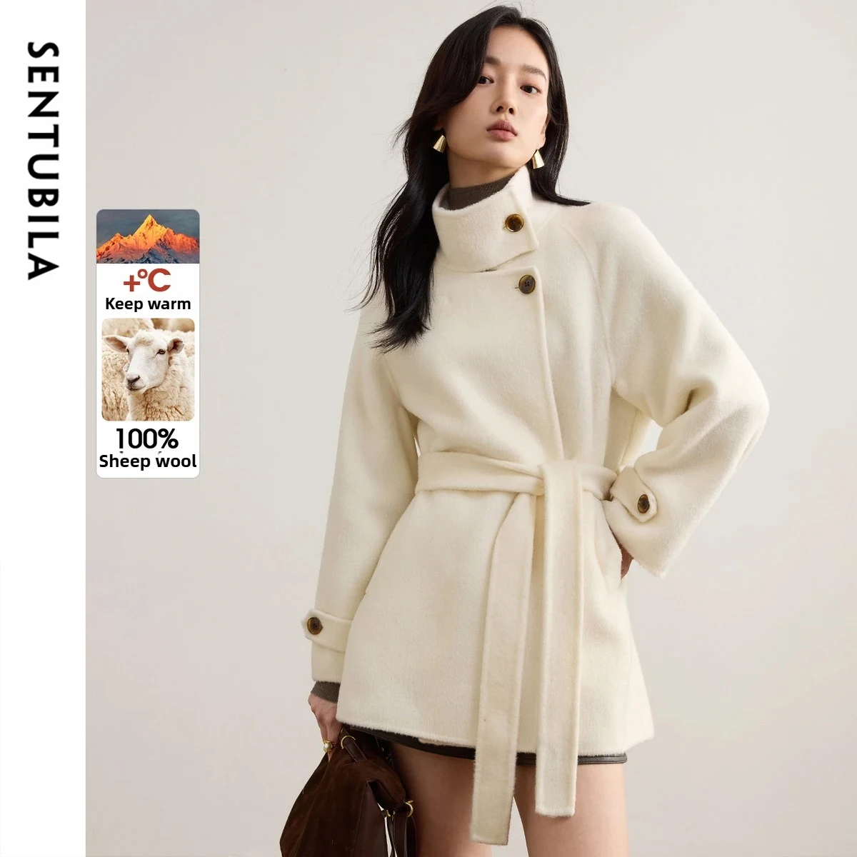 

SENTUBILA женское пальто из 100% шерсти, женское двустороннее пальто с поясом, зима 202, теплая верхняя одежда с воротником-стойкой, женская W54OG8765