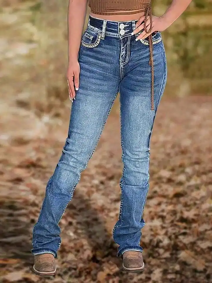 Womens Relaxed Fit Embroidered Denim Jeans