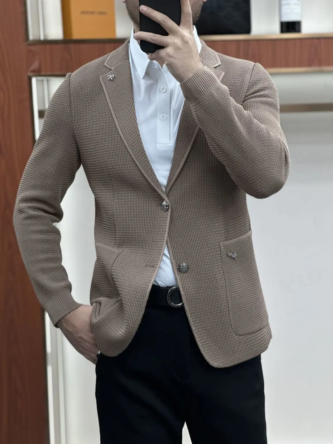 

Faionable Urban Pure Color Knitted Casual Suit for Men Slim Fit Spring Autumn Top Quali Polyester Long Sve Open Cardigan