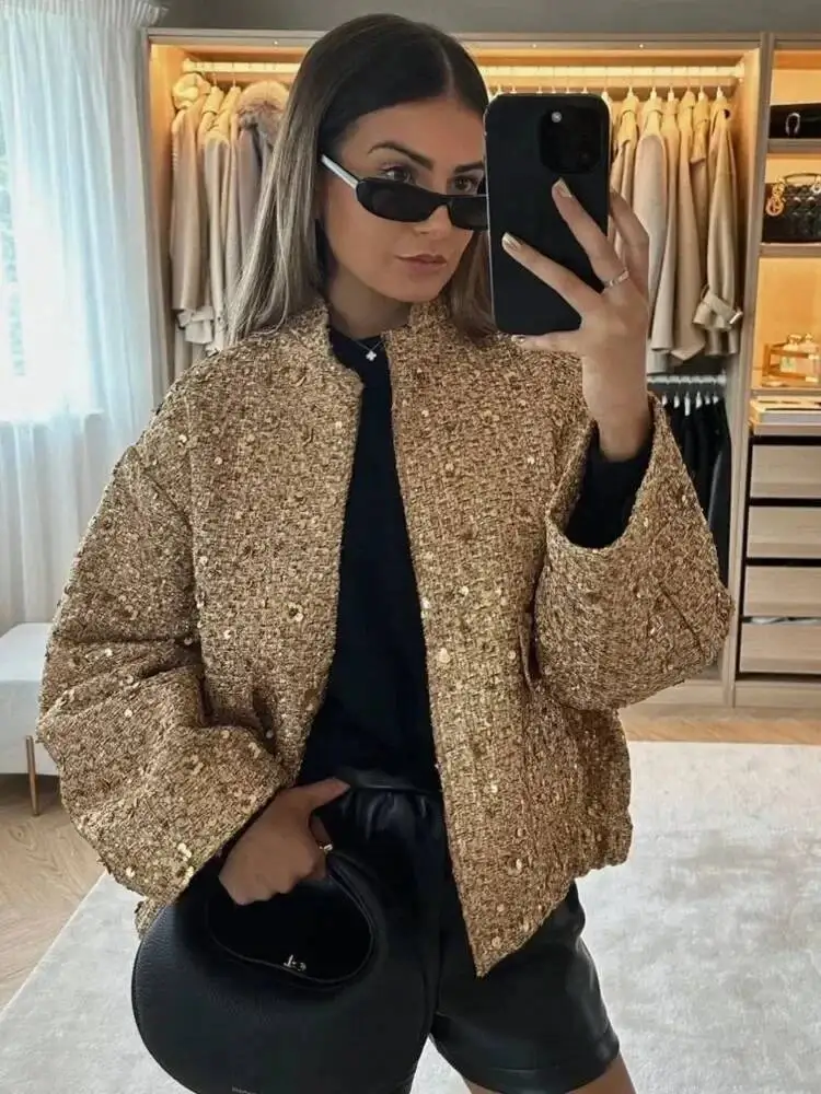 

Women's Sequined Bomber Fall O Neck Long Sleeve Pocket Stretch Hem Sequins Jacket Coat Female Chic Outerwear
