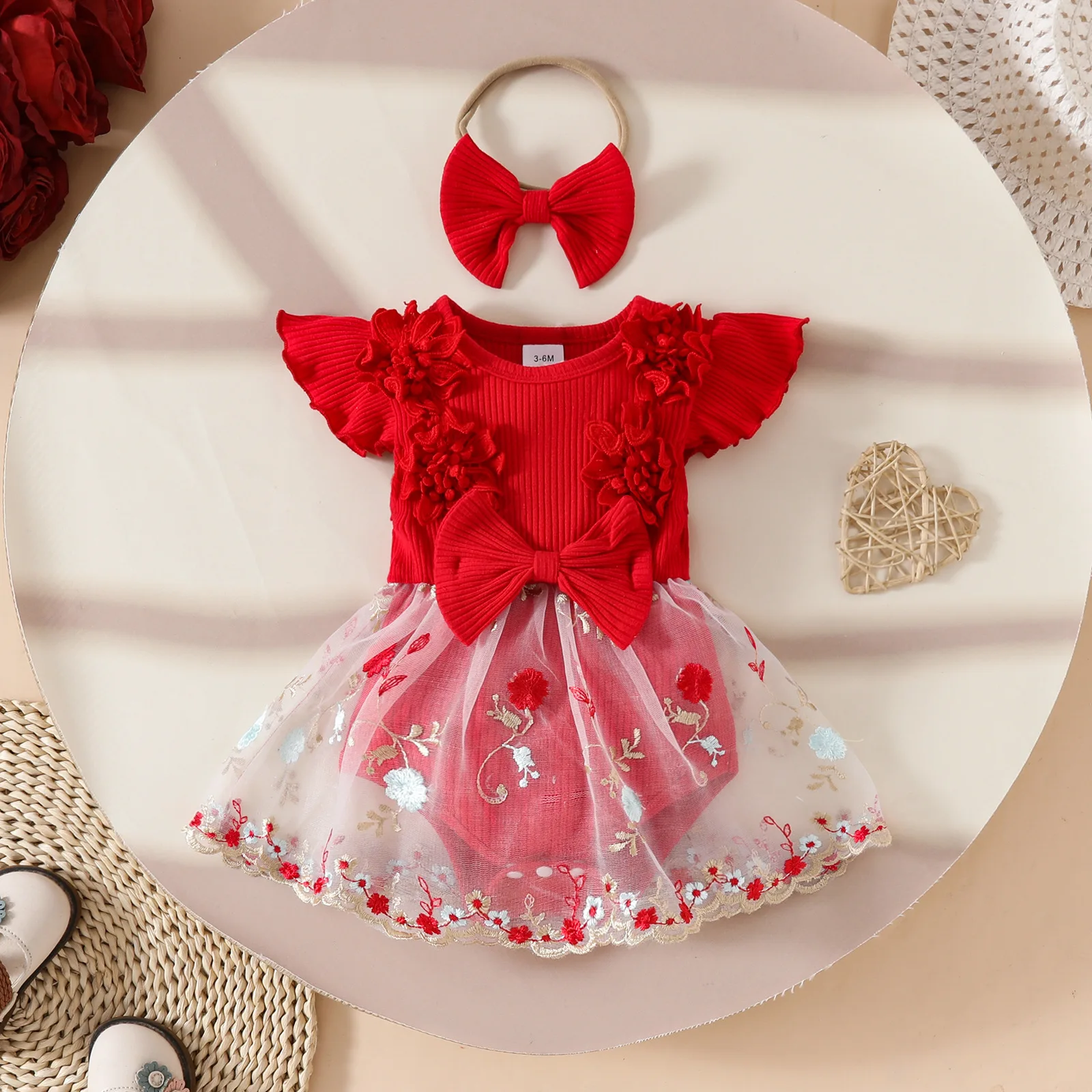 

Baby Girl Skirt Bodysuits 0 To 18Months Summer Sweetheart Fly Sleeve Floral Embroidered Mesh Princess Dress Newborn
