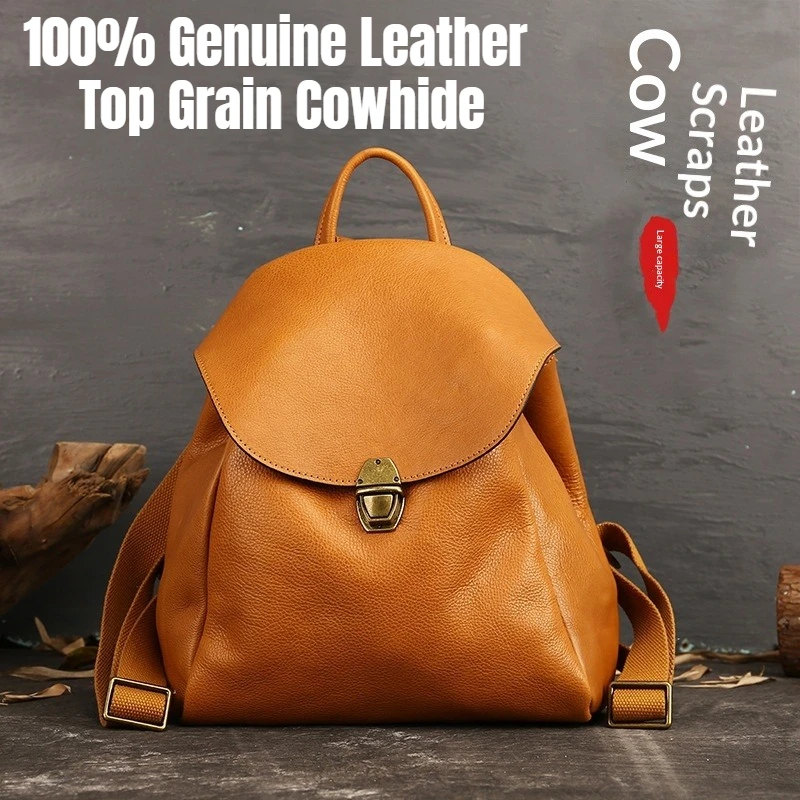 

Genuine Leather Backpack for Women, Vegetable-Tanned Vintage Soft Large Capacity Rucksack, Travel School Lightweight Daypack