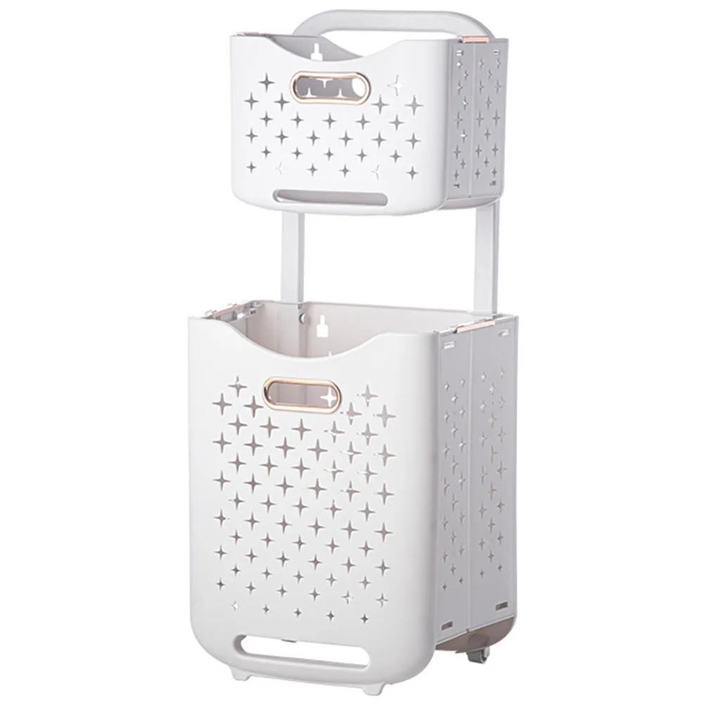 

Foldable Double Layer Dirt Clothes Basket Large Capacity Laundry Basket Storage Bin on Wheels Easy Carry Family Use
