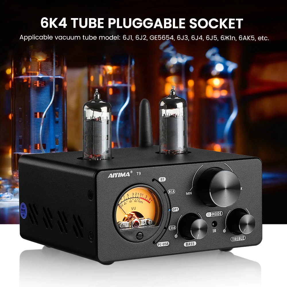 AIYIMA HiFi T9 BT 5.0 Vacuum Tube Amplifier USB DAC Fiber Coax Decoding Amplifier With VU Meter Home Digital Amp 100W×2