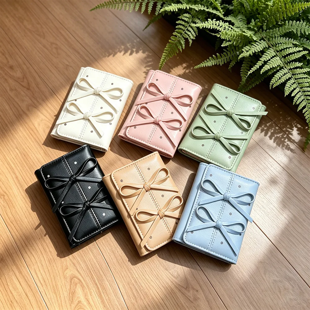New Ladies Fashion Cute Bow Polka Dot PU Leather Zipper Wallet Purse Women Short Mini Card Holder Large Capacity Daily Casual