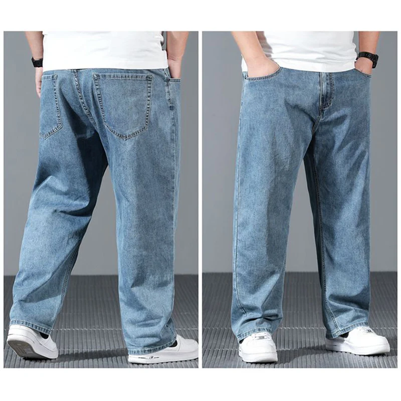 

2025 Мужские прямые джинсы больших размеров, модные повседневные классические мешковатые облегающие мягкие брюки, мужские брендовые синие эластичные джинсовые брюки