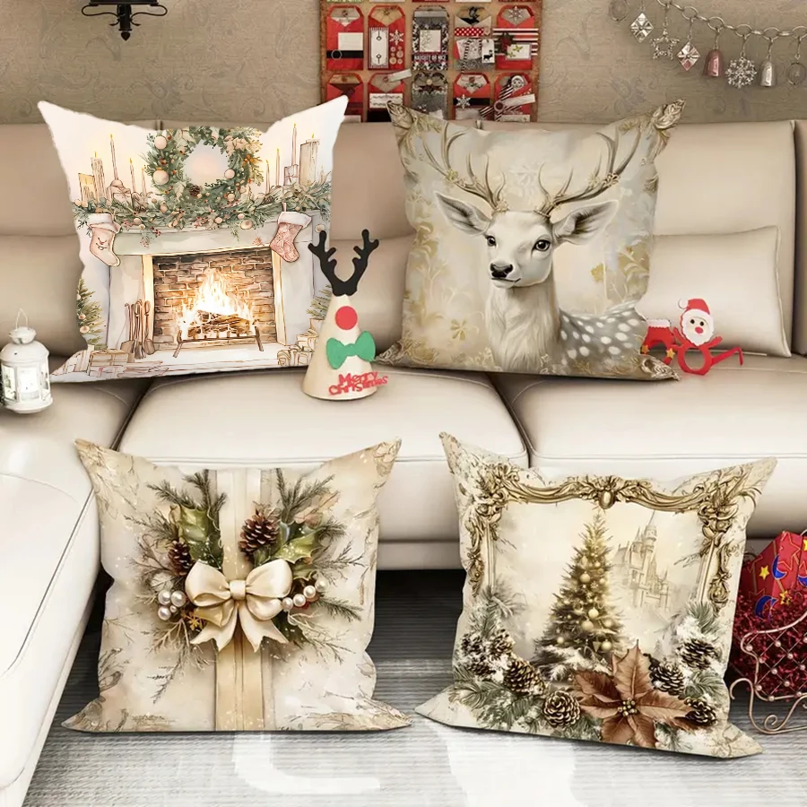 

4Pc Vintage Golden White Velvet Christmas Throw Pillow Covers Santa Deer Tree Bow Design Cozy Soft One Sided Print Decorative