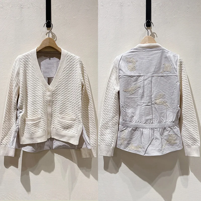2025 Autumn Winter French Niche Knit Paneled Shirt V-Neck Short Cardigan with Embroidery Elk Bird
