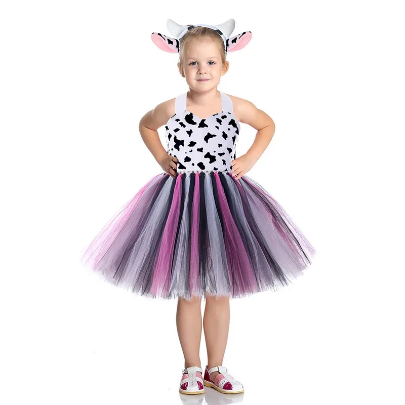 Kids Animal Cosplay Costume Baby Girl Forest Theme Giraffe Cow Tiger Leopard Zebra Print Tutu Dress Birthday Jungle Party Outfit