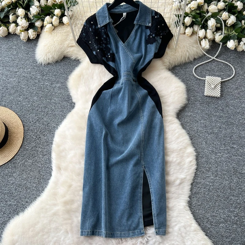 

Summer V-neck Spliced Denim Dress Women's Fake 2-piece Set LaceT-shirt Skirt Young Ladies Fashion Essential Party Denim Clothing