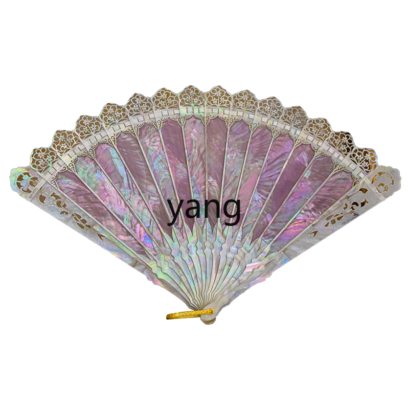 Yjq Flower Hollow-out Mother Shell Folding Fan Purple Window Antique Photo Props