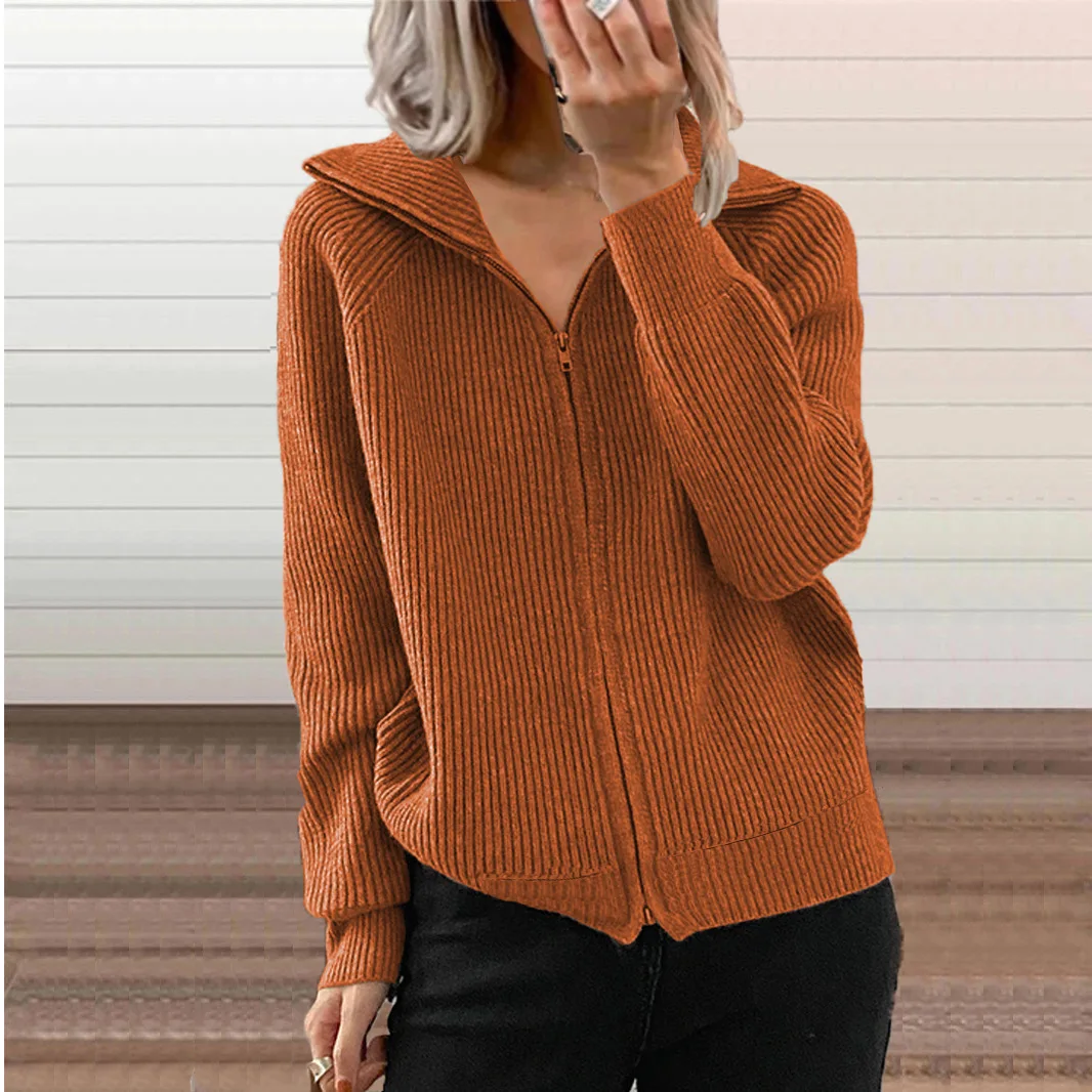 Autumn and winter new striped casual jacket loose knit sweater with zipper cardigan, long sleeved lapel sweater for wome