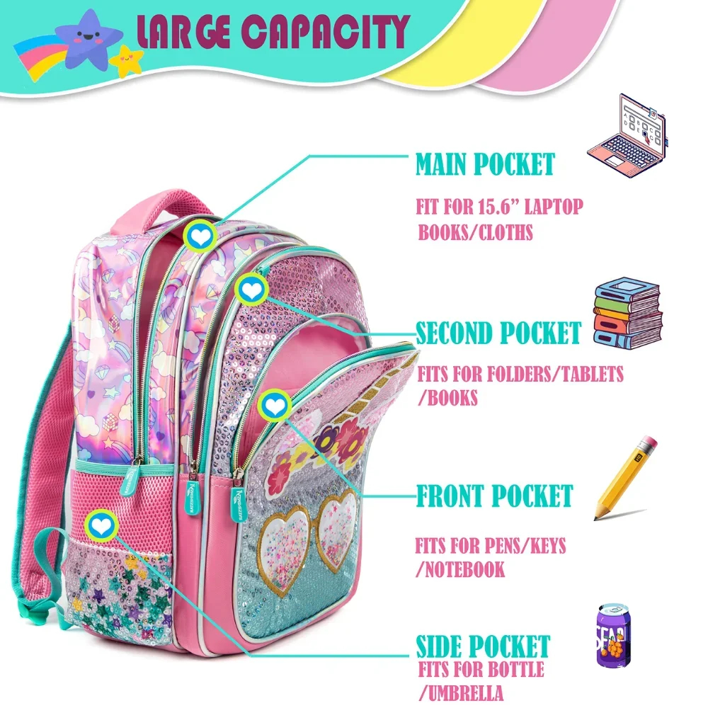 Imagem -05 - Bikab-conjunto de Mochilas Escolares Unicórnio para Menina com Peças Mochila Impermeável com Lantejoulas Estilo Kawaii