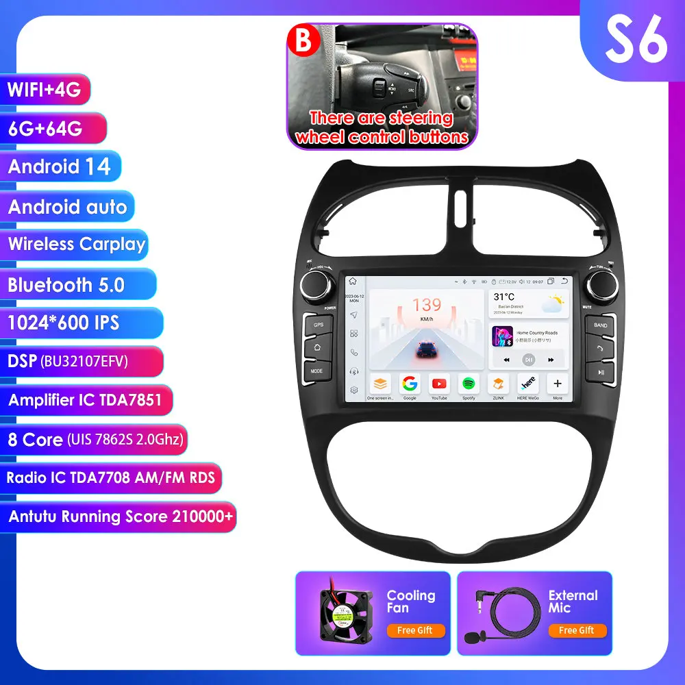 Voor Peugeot 206 2001-2008 Autoradio Multimedia Video Player Navigatie GPS 4G Carplay Android 14 AutoRadio stereo 7 ''Hoofd Unit