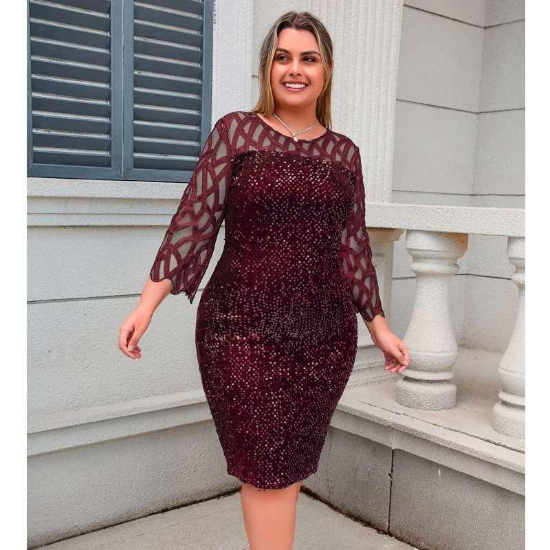 2025 女性スパンコールレースイブニングパーティードレス 3/4 袖プラスサイズミッドふくらはぎエレガントなカクテルフォーマルドレス OY-3187