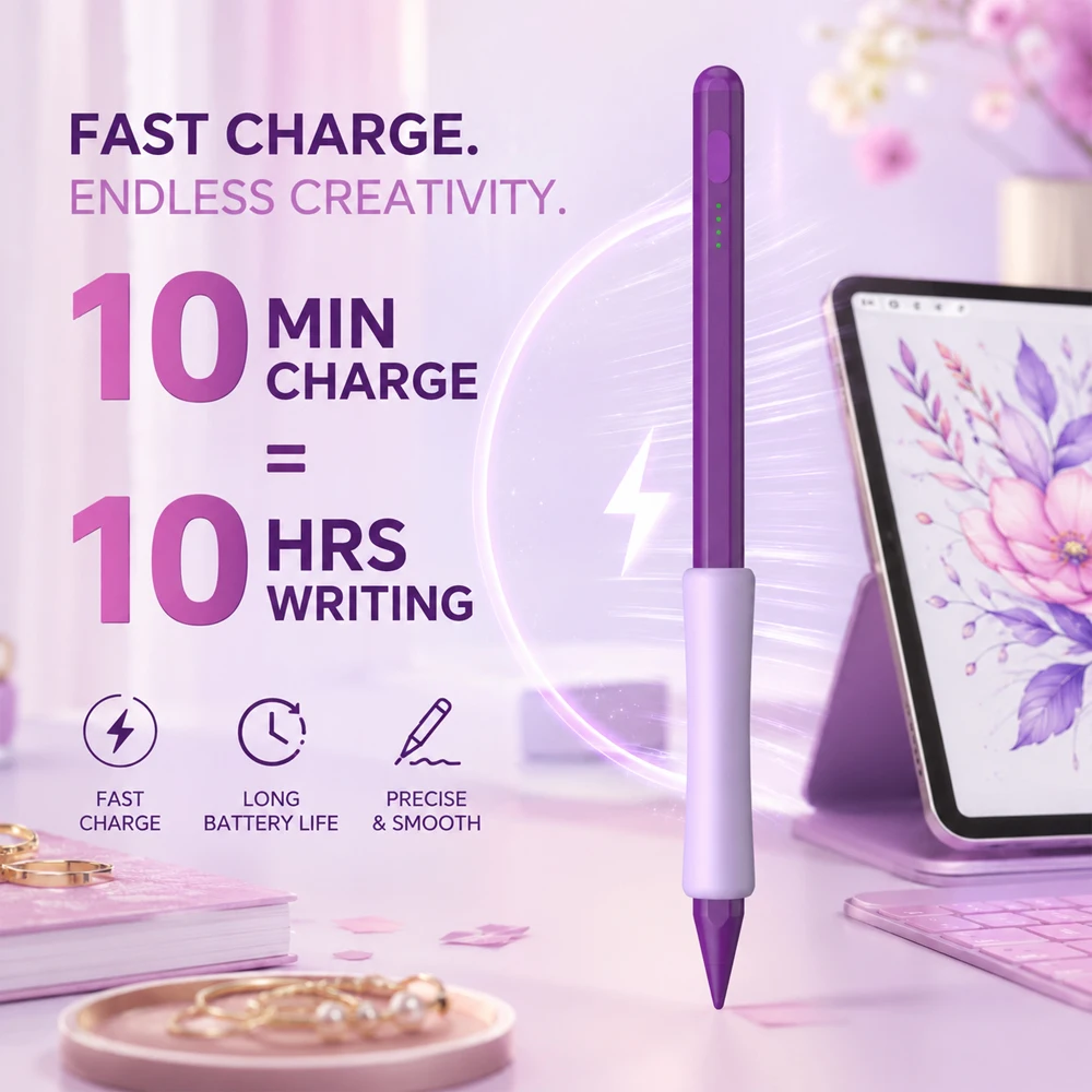 Purple Stylus Pen for iPad 10Min Fast Charge 10H Writing Palm Rejection Tilt Magnetic LED Battery Auto Sleep Grip Drawing Tablet