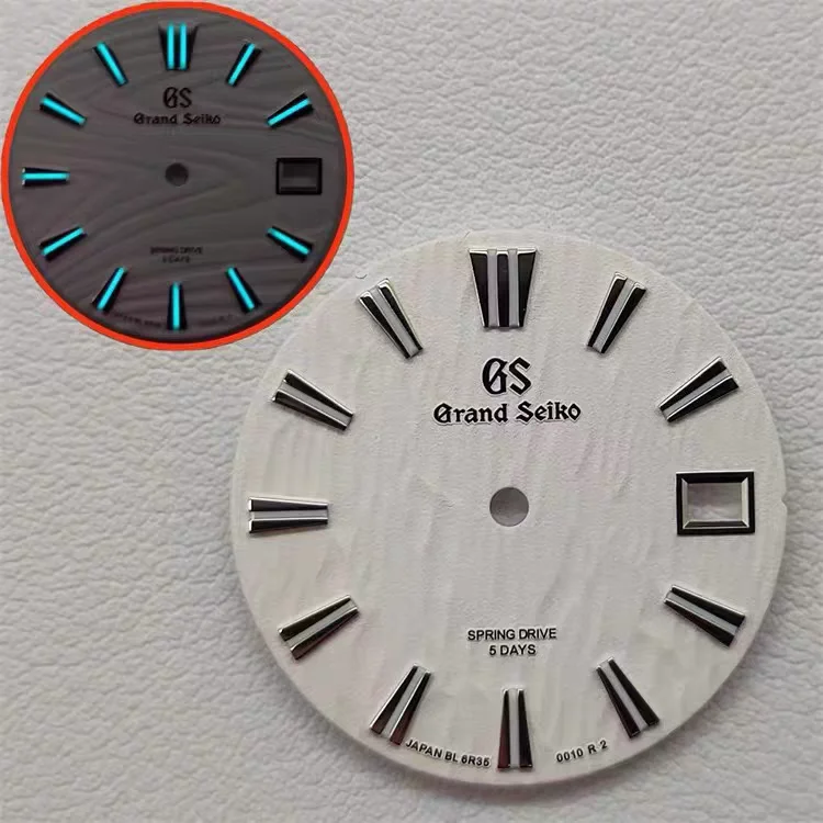 28,5 mm NH35 wijzerplaat/NH36 wijzerplaat blauwgroen lichtgevend S-logo golvend patroon mechanisch horloge BGW9 voor seiko mod