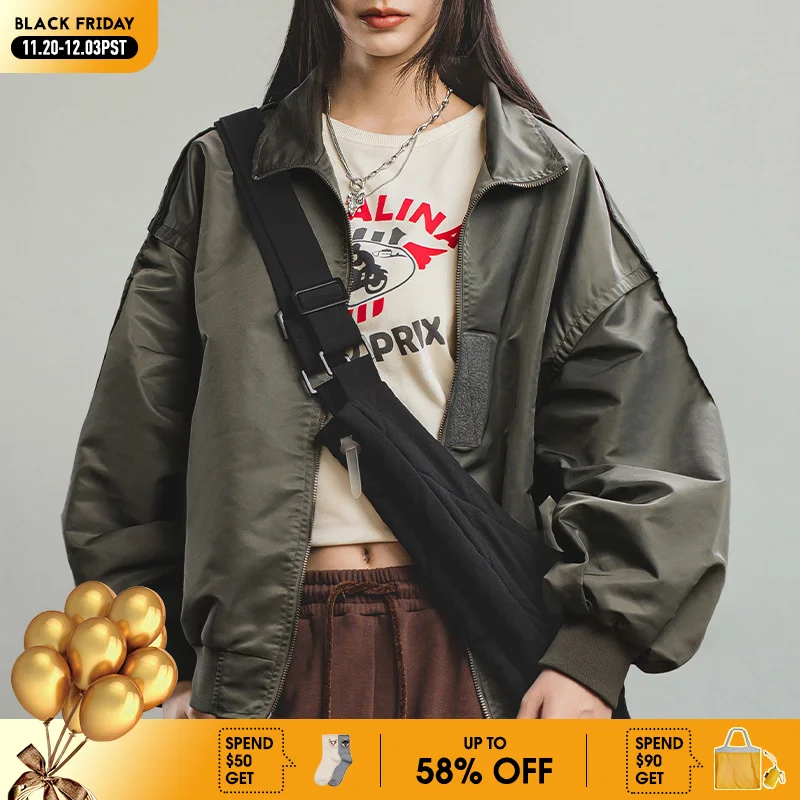 

Maden Retro MA1 Pilot Jacket Casual Loose Fit turn-down Collar Green Short Baseball Coat for Women's Autumn with Pockets Outwear