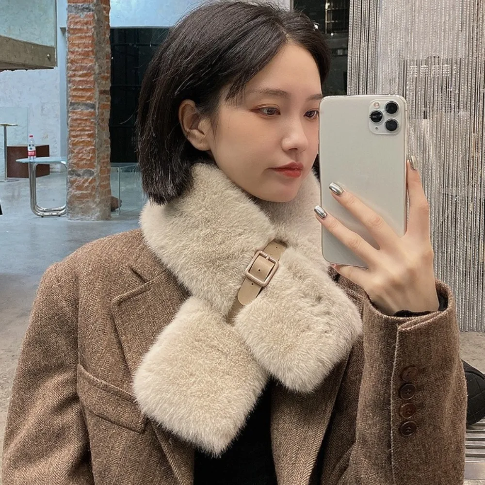 New With Belt Warm Scarf Keep Warm Solid Color Thick Collar Short Narrow Fur Collar Scarf Winter