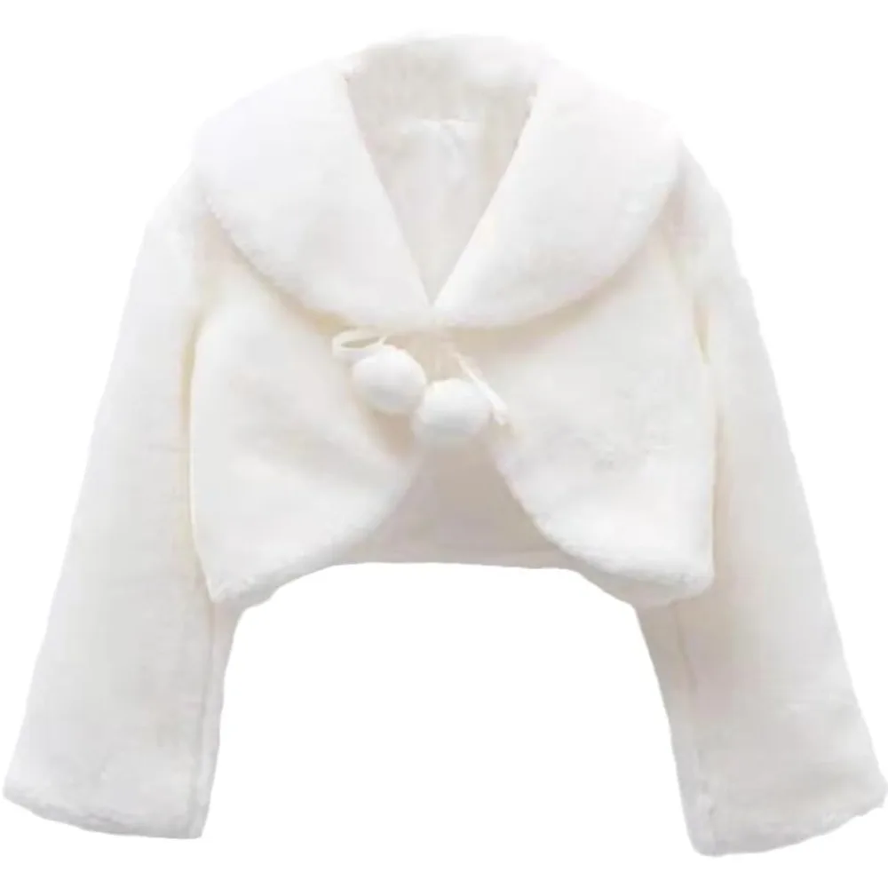 

Girls White Fur Coat Jacket, Princess Shawl Shrug, Bridesmaid Tippet Cape Cardigan for Wedding Party, Cute Pom-pom Strap Design