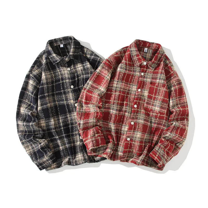 Autumn and Winter New American Vintage Men\'s Wool Shirt Long Sleeve Loose Plaid Shirt Jacket Couple Coat