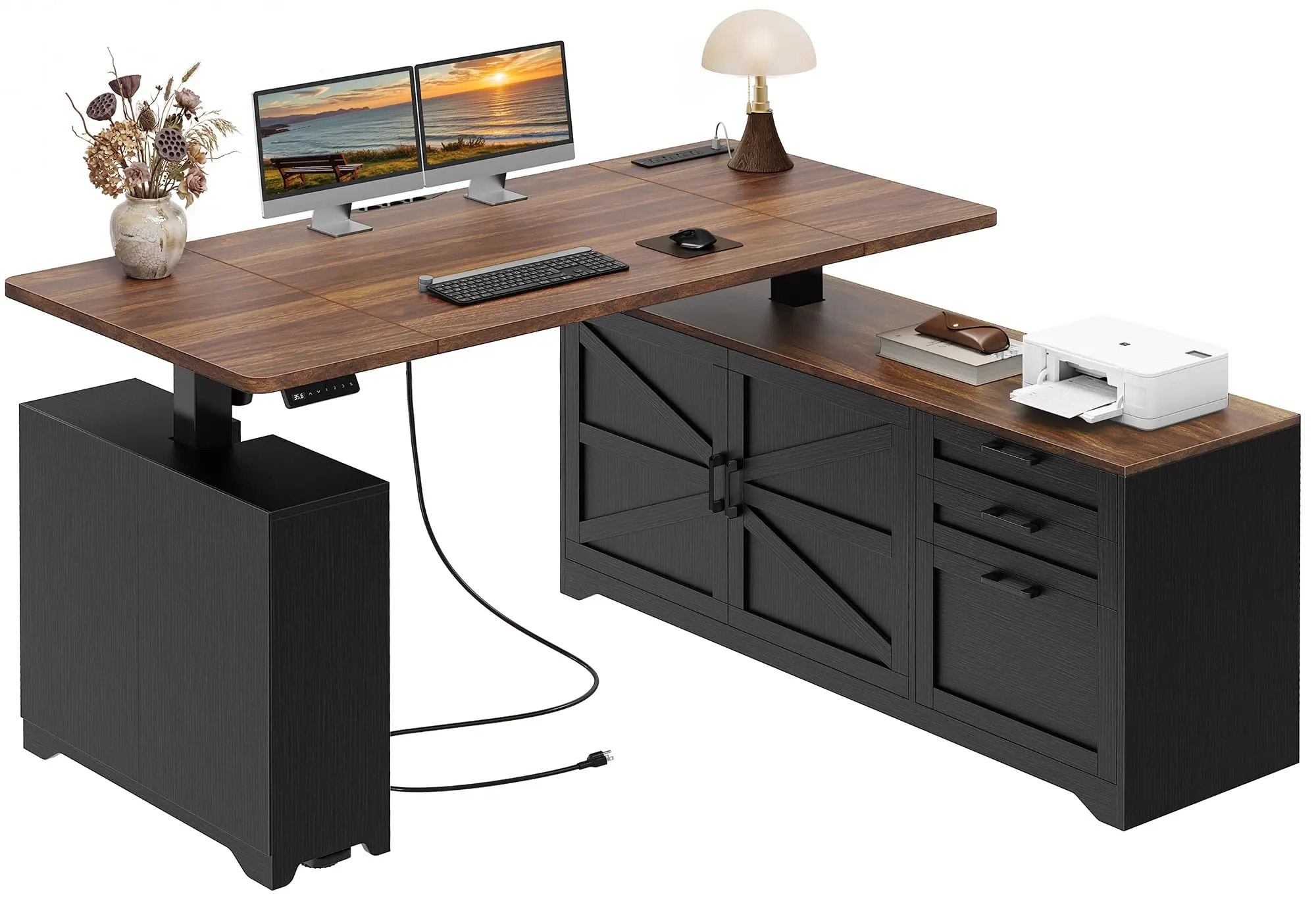 55'' Farmhouse L Shaped Standing Desk with Outlets and Drawers