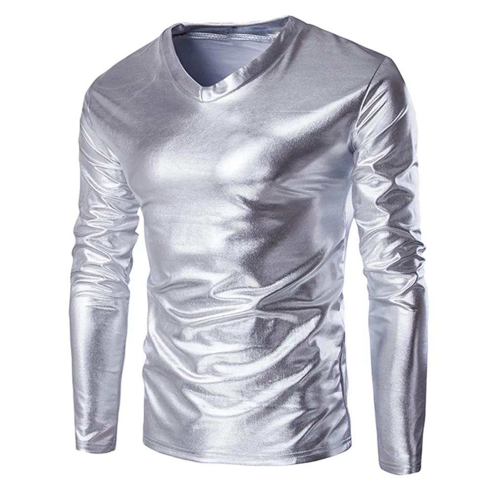 Fashion Mens Shiny Wet Look Long Sleeve T-shirt Top Slim Fit V Neck Blouse Nightclub Style Long Sleeve Tops For Men