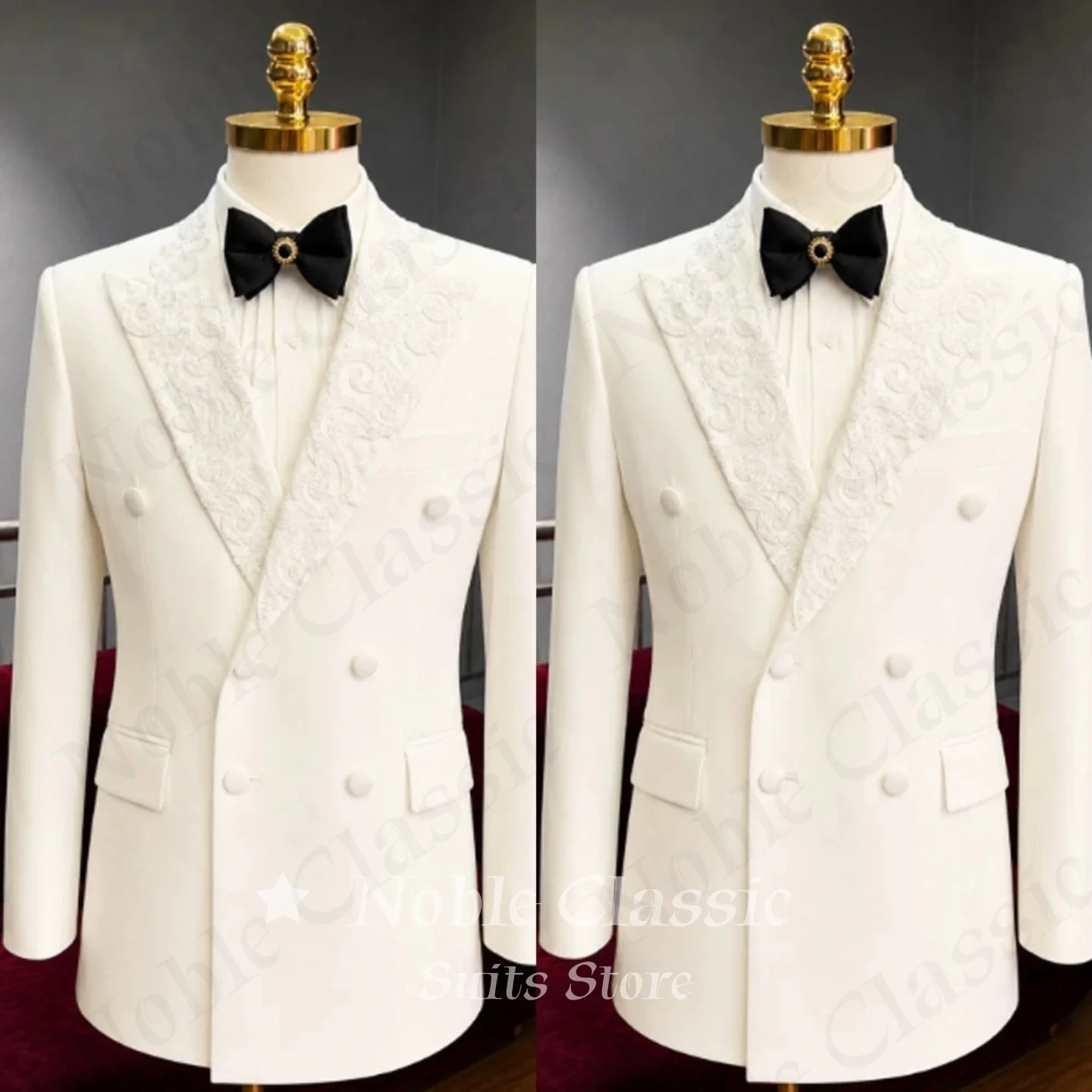 White Double Breasted Tuxedo Blazer Men Floral Lace Embroidery Peak Lapel White Matching Buttons Slim Fit Formal Customized