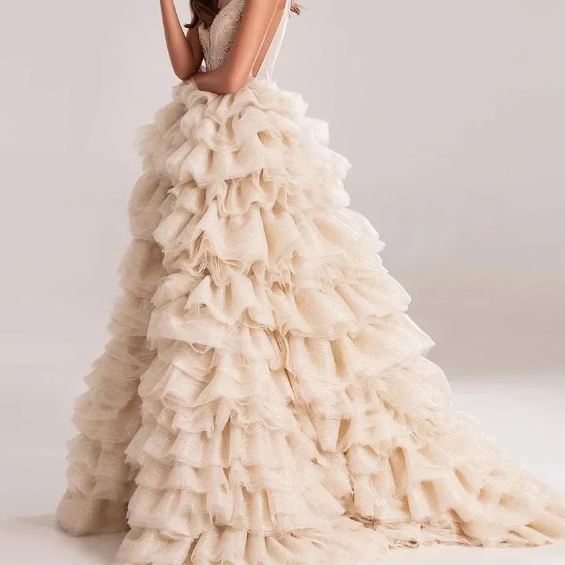 

Elegant Light Champagne Long Prom Skirts for Women Fluffy Tiered Tulle Wedding Party Skirt Elastic Waist Beige Tier Upon Tier