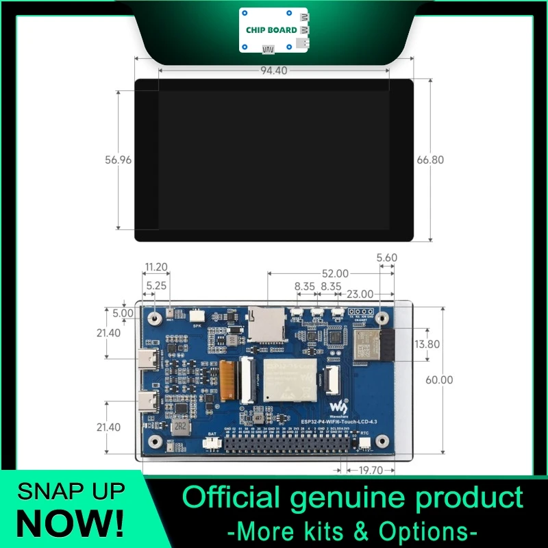 Waveshare ESP32-P4-WIFI6 4.3 Inch Touch LCD Development Board, 480×800 Display, WiFi6, BLE5, Audio Codec, OV5647 Support