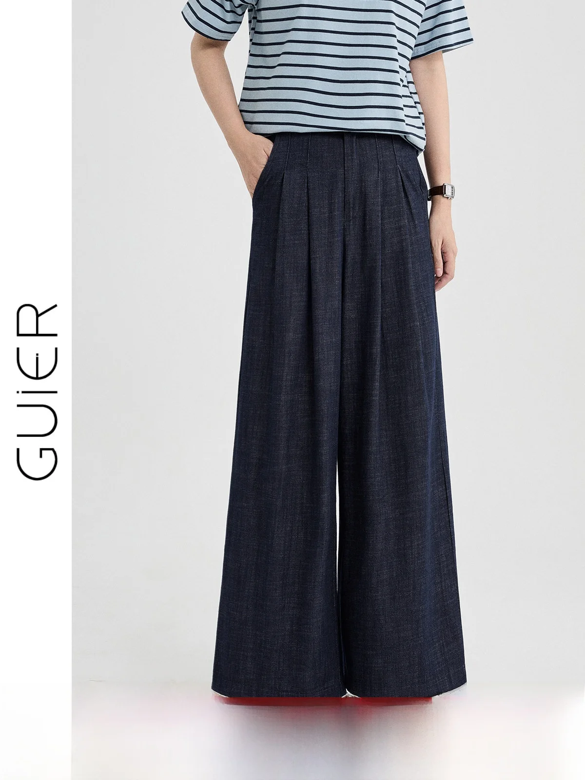 

High Waist Wide Leg Denim Jeans Women Summer New Loose Casual Folded Straight Tube Pants Slimming Effect Casual Style Pure Color