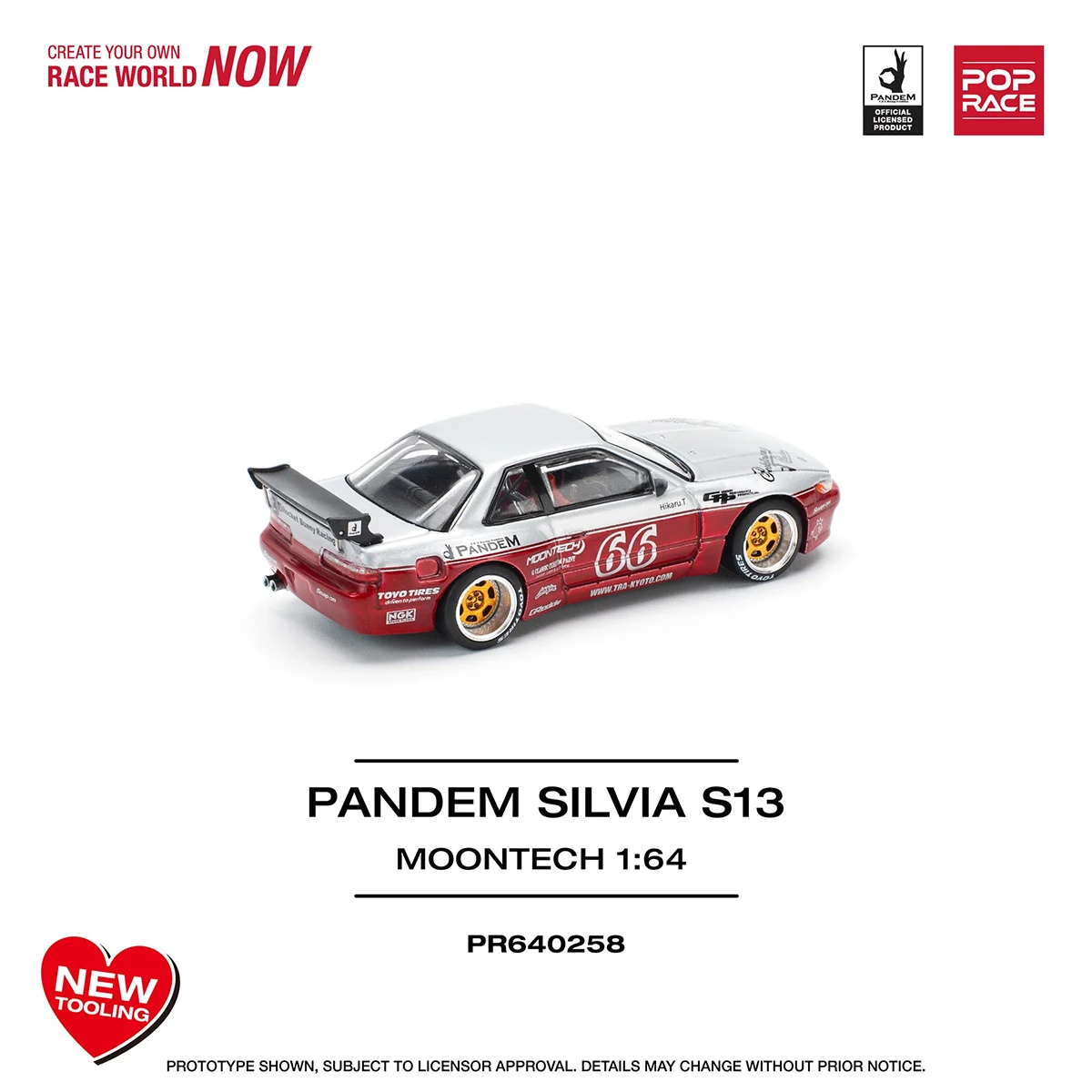 POPRACE 1:64 Nissan Silvia S13 Pandem Moontech #66 Racing Livery Open Hood Diecast Model Car PR640258 In Stock Ready To Ship