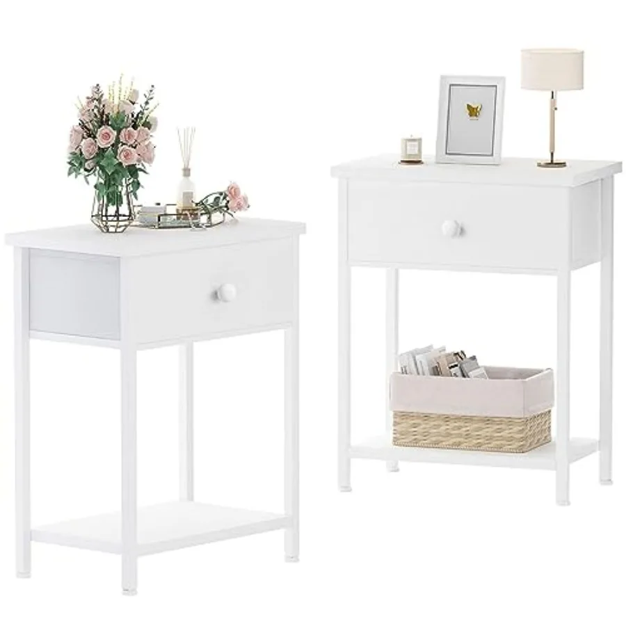 

White Nightstands Set of 2, Small Night Stand Set 2 with Drawer and Shelf Storage for Bedroom, Dorm, Modern