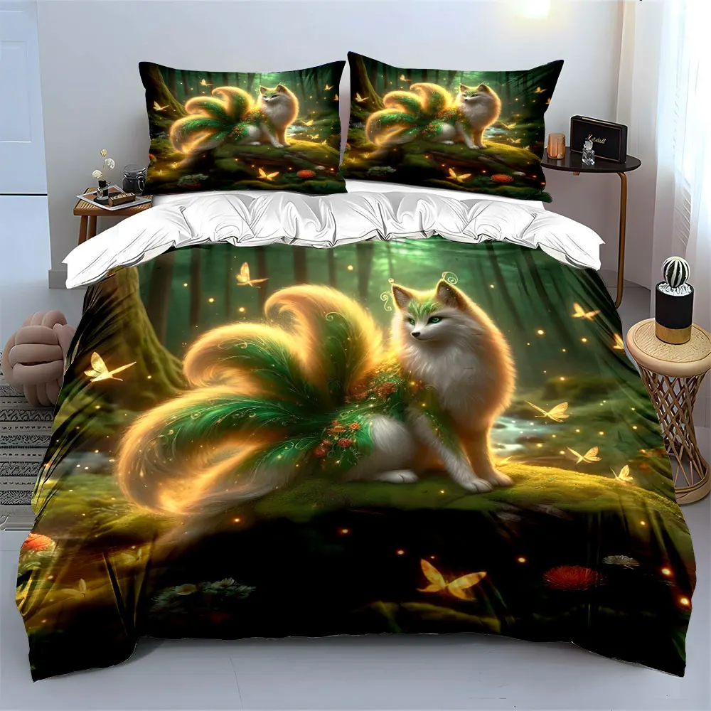 Mystical nine-tailed fox in forest Print Soft Comfortable Duvet Cover Bedding Set Included 1*Duvet Cover  2*Pillowcases