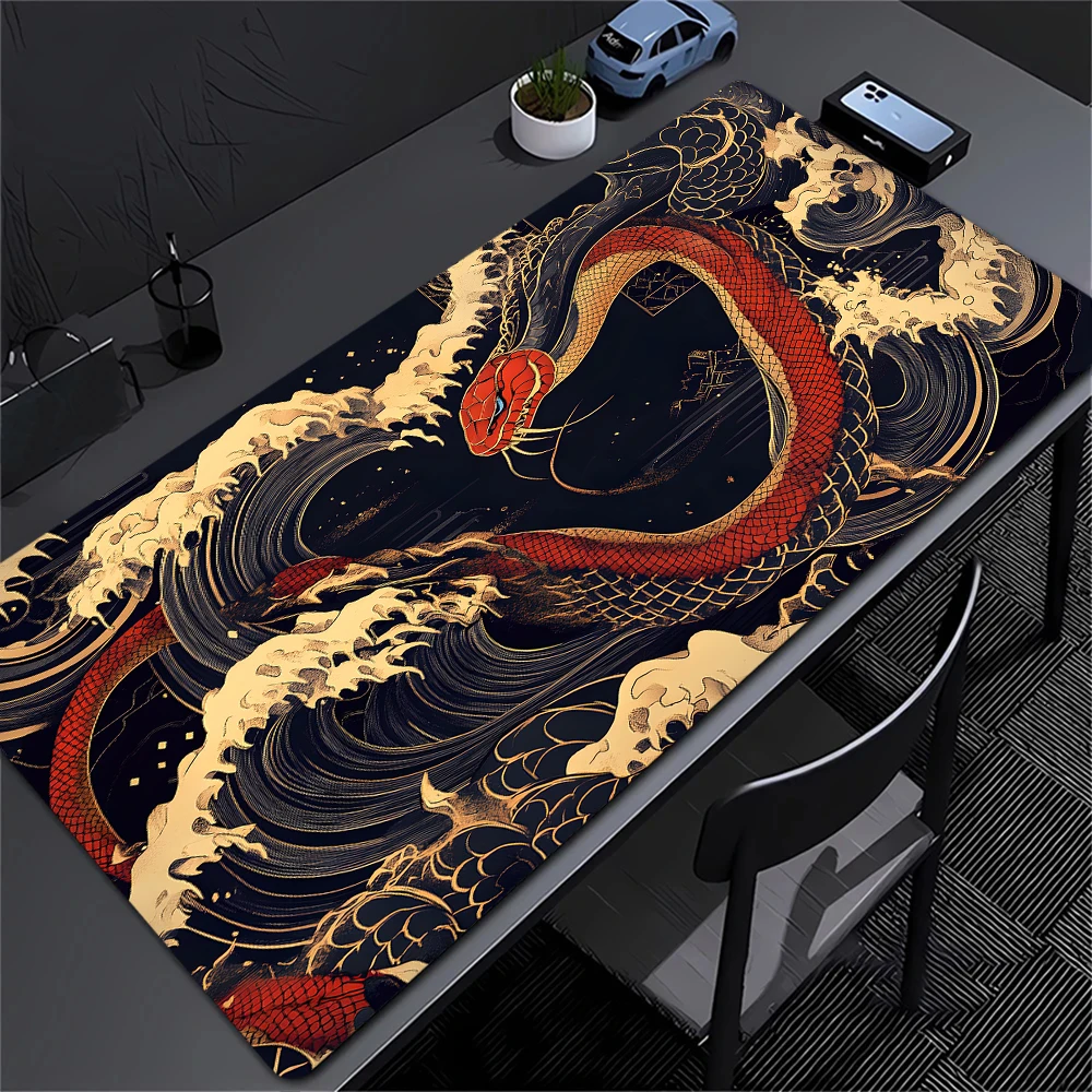Golden Dragon and Wave Pattern Mouse Pad, Large Mouse Pad with Stitched Edges, XXL Keyboard Pad, Computer Desktop Accessories